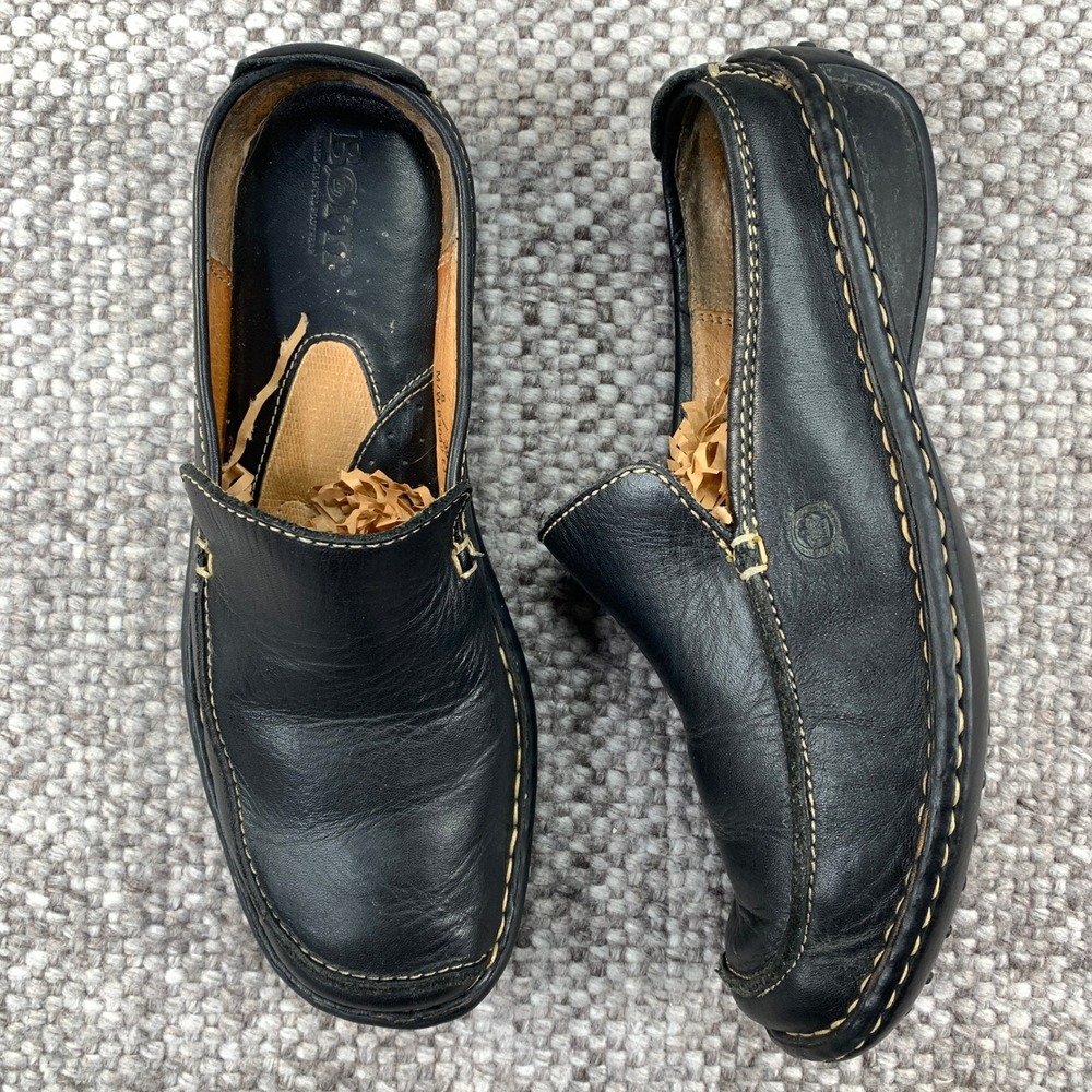 Born Leather Slip-On Clog Mules Womens 8 Black Handcrafted B3042 E3